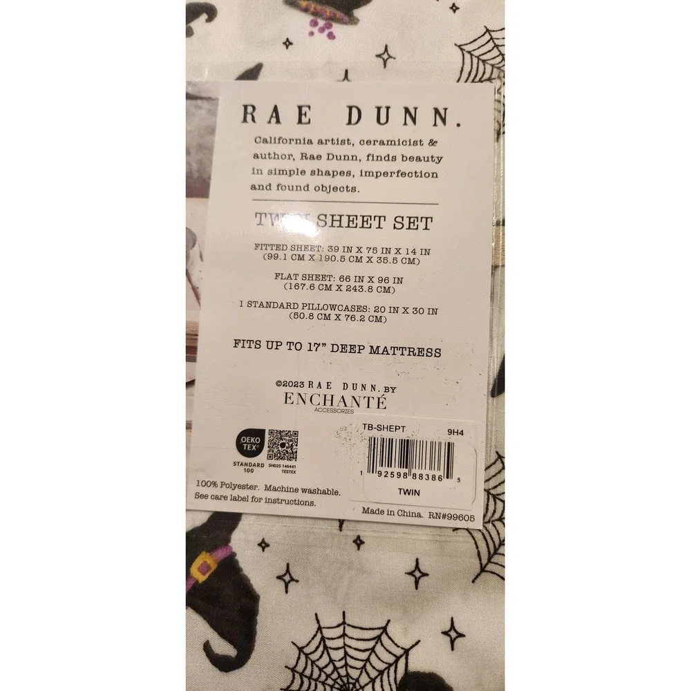 Rae Dunn Twin Sheet Set Witch Hats Spiderwebs White New 17in Deep Soft Bedding
